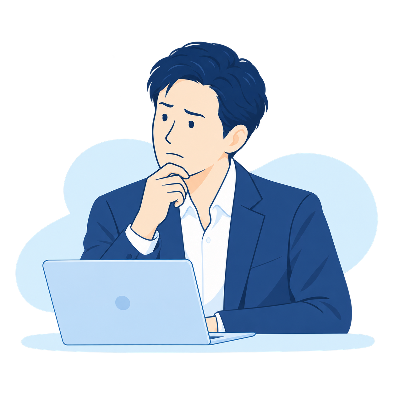 パソコンを前に、AIの活用について考え込む経営者のイラスト