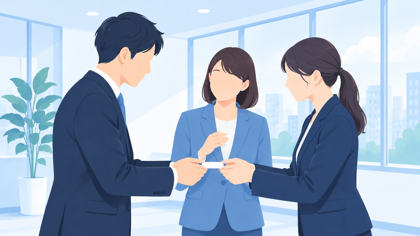 交流会で名刺を交換しながら会話する3人の参加者のイラスト