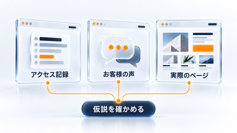アクセス記録、お客様の声、実際のページの三つを材料に、困りごとの理由を確かめる流れ