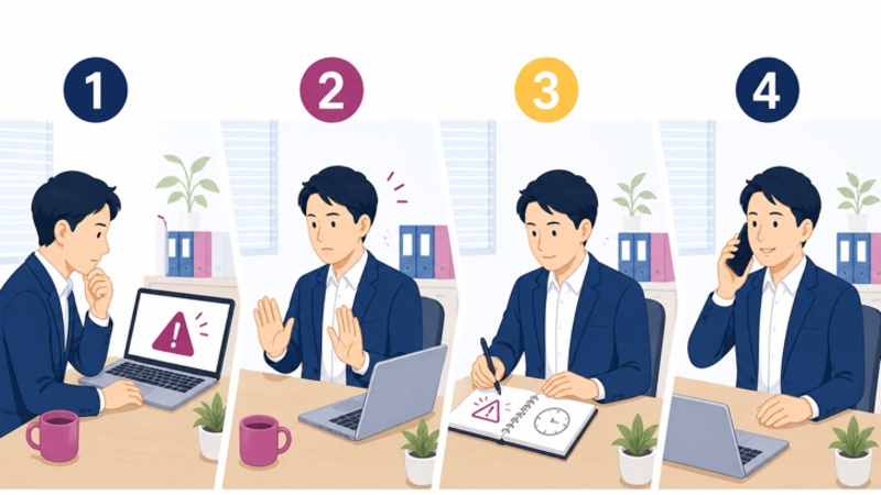 異変に気づき、操作を止め、状況を記録して、決められた相手へ連絡するまでの4段階を示した図