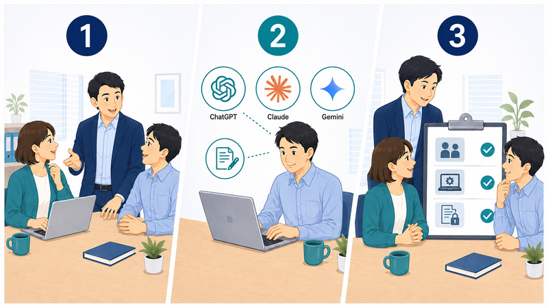 社内で生成AIの利用状況を聞き、ChatGPT、Claude、Geminiなど利用するサービスを確認し、アカウントと入力情報を点検する3段階の流れを示す図