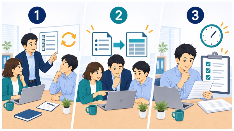 最初に試すAI業務を選ぶ3段階。繰り返し発生する業務を見つけ、材料と仕上がりの型を確認し、人が内容を確認して所要時間を記録する流れを示す図