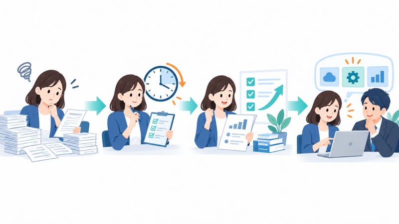 解決したい課題、現在の状態、期待する効果、確認する人と時期を整理してから、ツール・費用・支援制度を検討する流れ